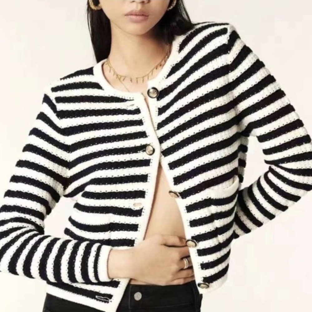 NWT Ba&sh Bash Gaspard Tweed Cardigan Jacket in Ecru Black Stripe 4 size XL - Picture 2 of 9